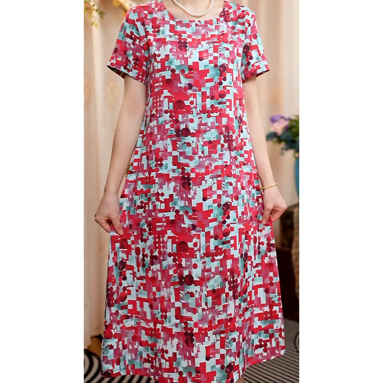 【A玫红婉香圆领】夏季大码连衣裙短袖时尚中老年妈妈装显瘦宽松