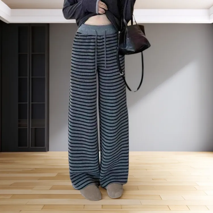 高腰条纹口袋秋季休闲垂感显瘦时尚薄款运动直筒裤纯欲慵懒条纹裤