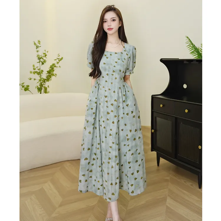 （有口袋）绿色有口袋赫本风连衣裙女夏季高级感显瘦收腰法式长裙