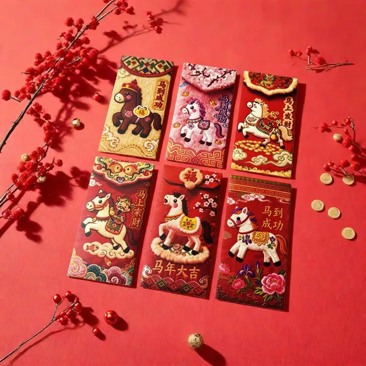 【2026】马年平面刺绣风格马年创意中式利是封红包