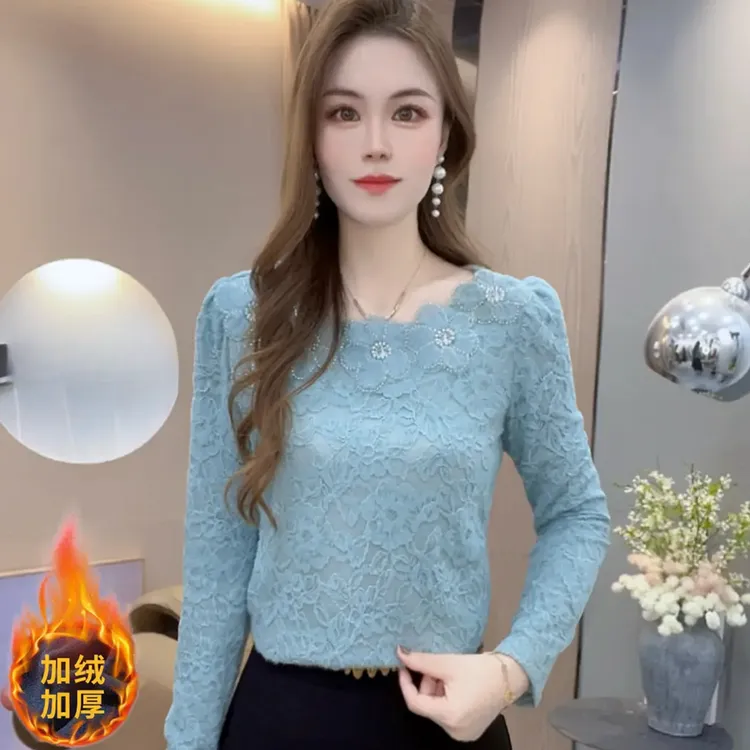 雅鹿时尚蕾丝长袖打底衫女2025冬季新款潮流加绒加厚显瘦百搭上衣