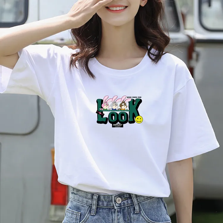 纯棉短袖女夏季新款圆领白色T恤宽松百搭字母新疆棉体恤女士学生