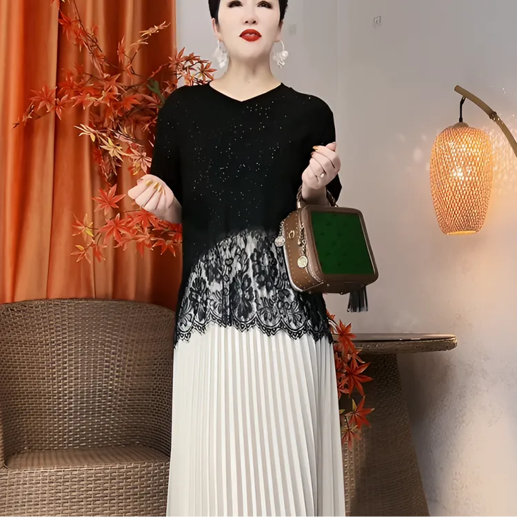 新款夏季V领亮片蕾丝拼接t恤女大码短袖夏中长款宽松外穿上衣百搭