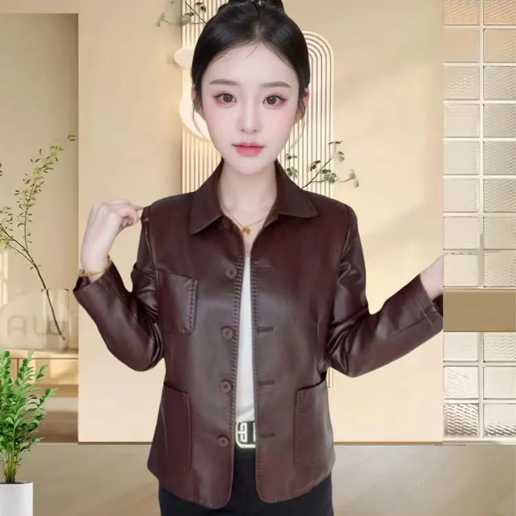 【单里衬】海宁正品2025春秋新款时尚休闲翻领气质皮衣外套女J66