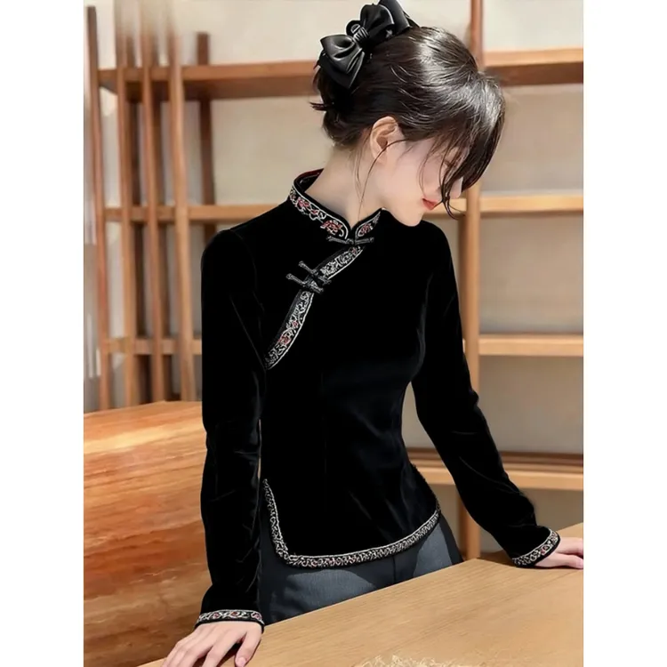 2025冬季高端欧货洋气小众不撞款超好看新中式黑色国风衬衫女