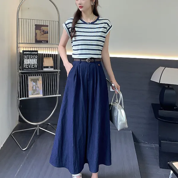 2025新款时尚套装时尚拼接减龄女装撞色气质条纹百搭牛仔连衣裙