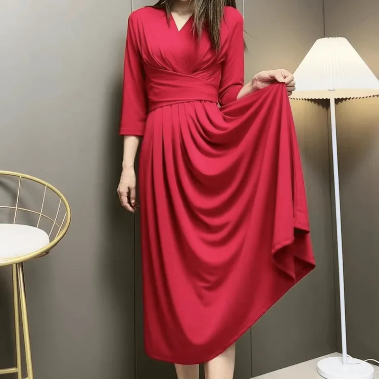 2025年时尚夏季女装新款法式显瘦气质系腰带中袖七分袖收腰连衣裙