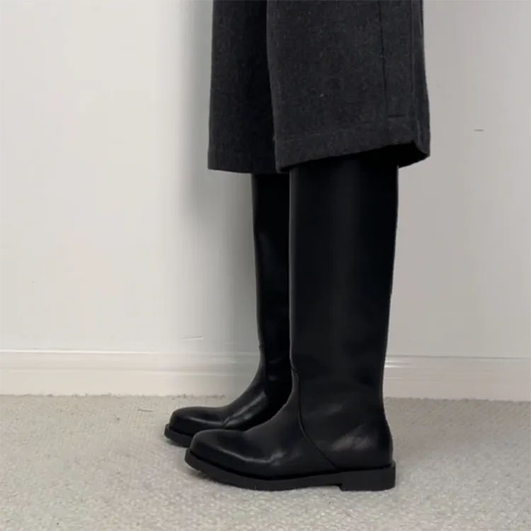 付小兮2025年秋冬季新款欧美大筒简约骑士靴厚底平底圆头百搭长靴