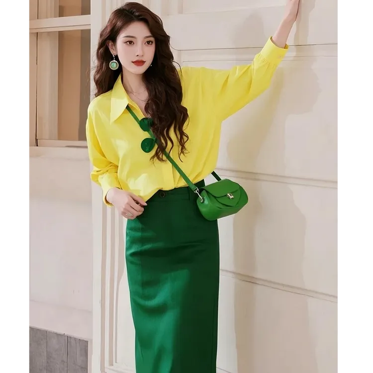 春季穿搭一整套小众独特别致气质小香风轻奢高级感黄色衬衫套装裙
