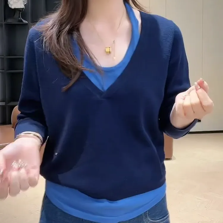 保暖针织长袖洋气假两件女装毛针织衫法式不起球通勤C6123