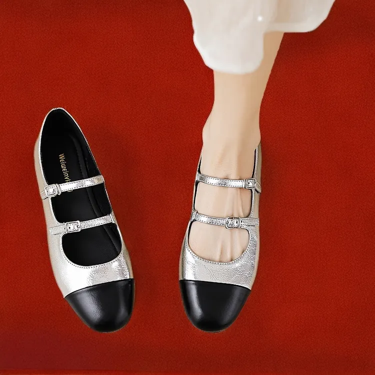 百搭夏季真皮银色玛丽珍鞋女法式小香风一字带平底单鞋大码女鞋