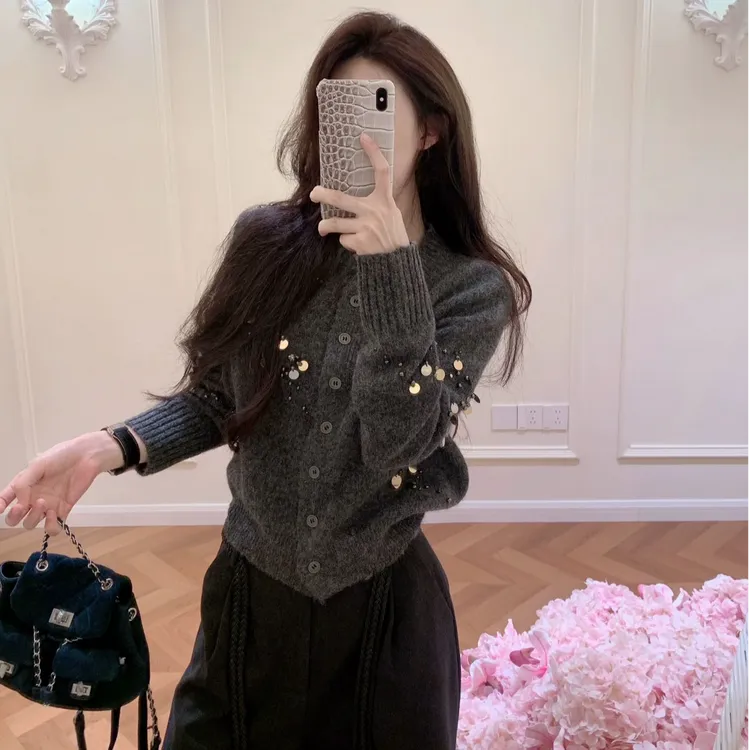 气质显瘦长袖设计感针织开衫外穿辣妹休闲百搭洋气宽松裤子两件套