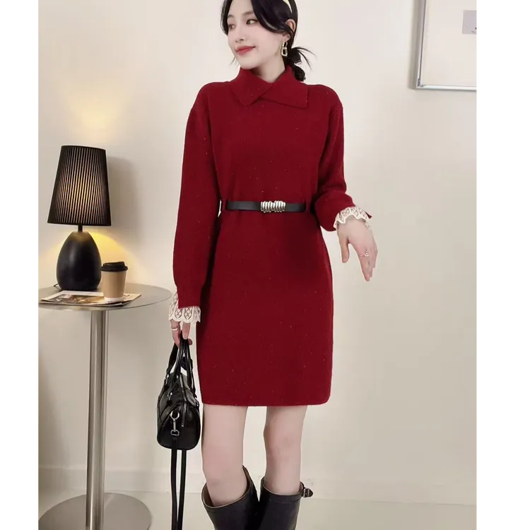 翻领收腰系带毛衣裙女秋冬2025新款内搭配大衣针织打底衫洋气宽松