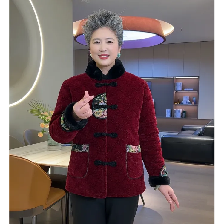 冬季时尚洋气中老年女装妈妈装中式复古加绒加厚奶奶上衣棉衣外套