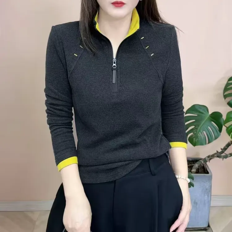 秋冬新款双面绒保暖半拉链卫衣显瘦减龄休闲宽松拼接撞色立领上衣