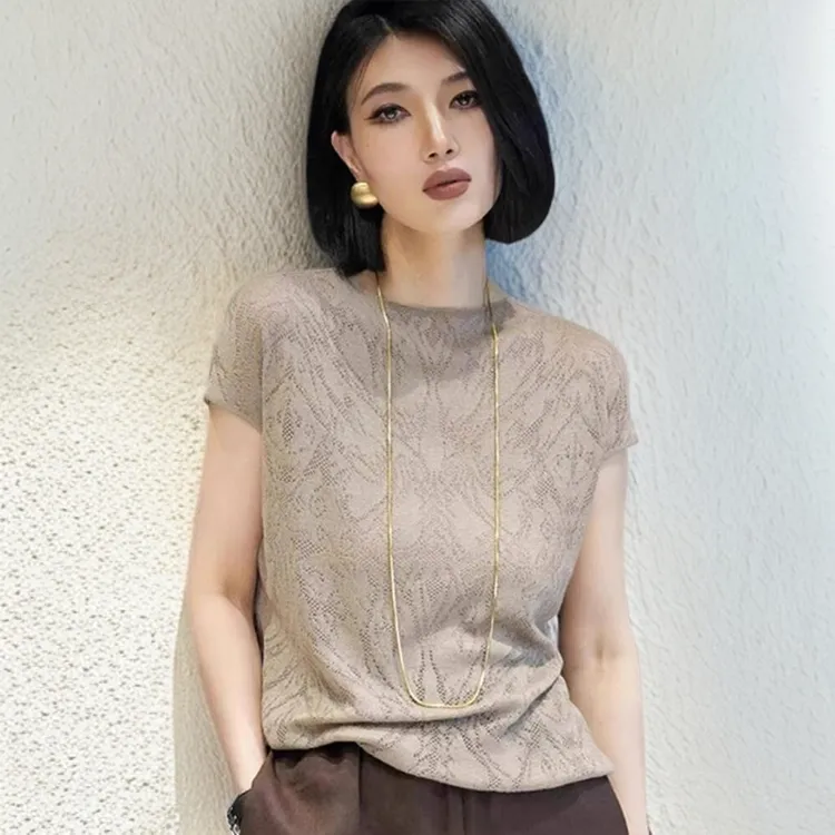 哥弟阿玛施正品短袖t恤女款2025新款爆款夏季提花桑蚕丝圆领上衣