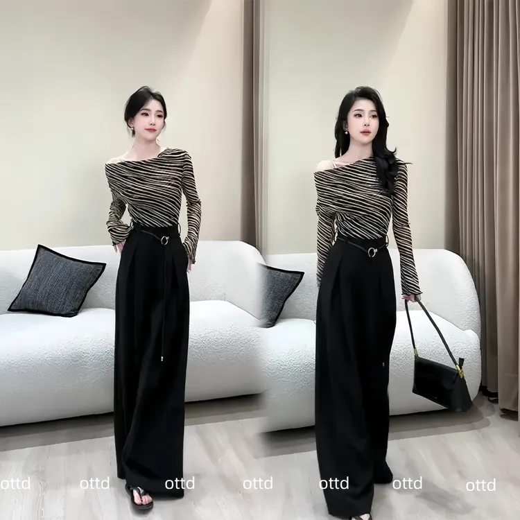 松弛感女装套装2025新款条纹斜领长袖打底上衣高腰宽松西装阔腿裤