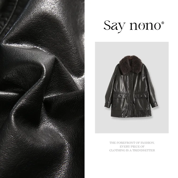 懒猫nono│Saynono 真皮牛皮皮衣带毛领中长款外套/GD9018
