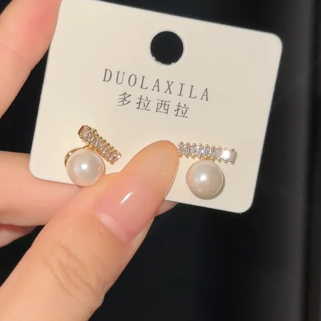 纯铜锆石耳饰 一字锆石珍珠耳钉气质百搭耳环温柔高级感耳饰