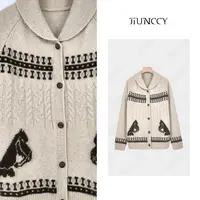 JIUNCCY【木马】高原藏羊毛绵羊毛撞色提花青果领针织开衫 52YZZ209