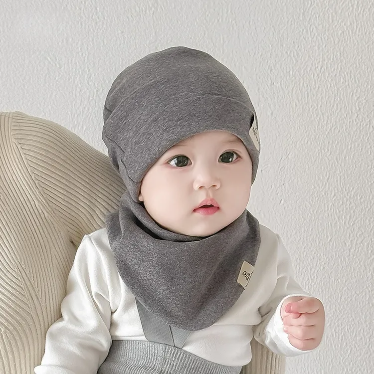 宝宝帽子秋冬季新生儿棉布可爱纯色男童女婴幼儿帽围脖两件套装厚