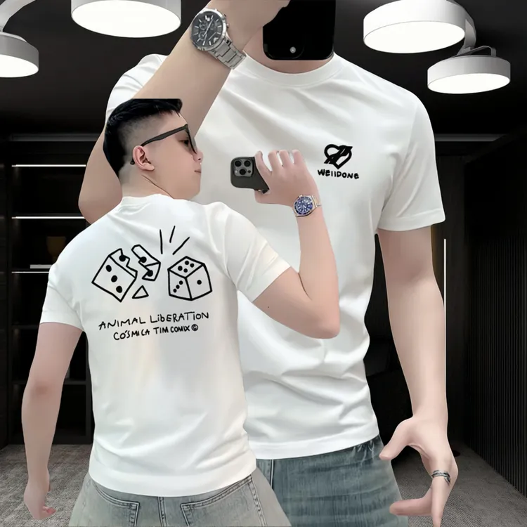 美式痞帅休闲半袖新款重磅轻奢百搭极简印花潮男圆领时尚短袖T恤