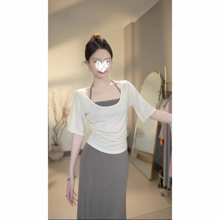 夏季慵懒宽松大U领薄款显瘦T恤+时尚裹胸+简约高级感气质长裙套装