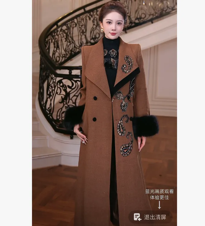 【芙娜妮】2025秋冬刺绣百搭显瘦中长款长袖女装大衣外套FG2531123