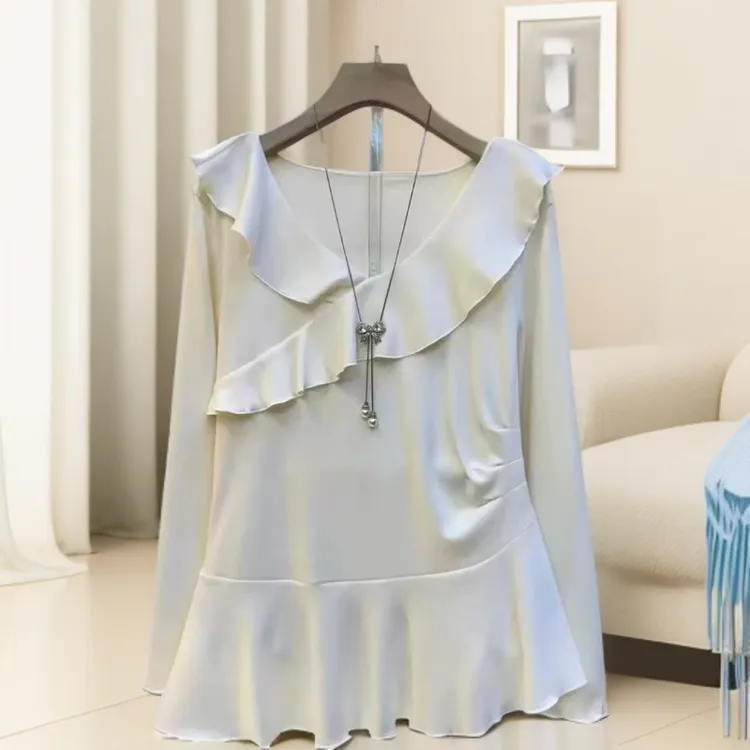 秋冬季大码女装双面磨毛自发热荷叶飞边显瘦衬衫