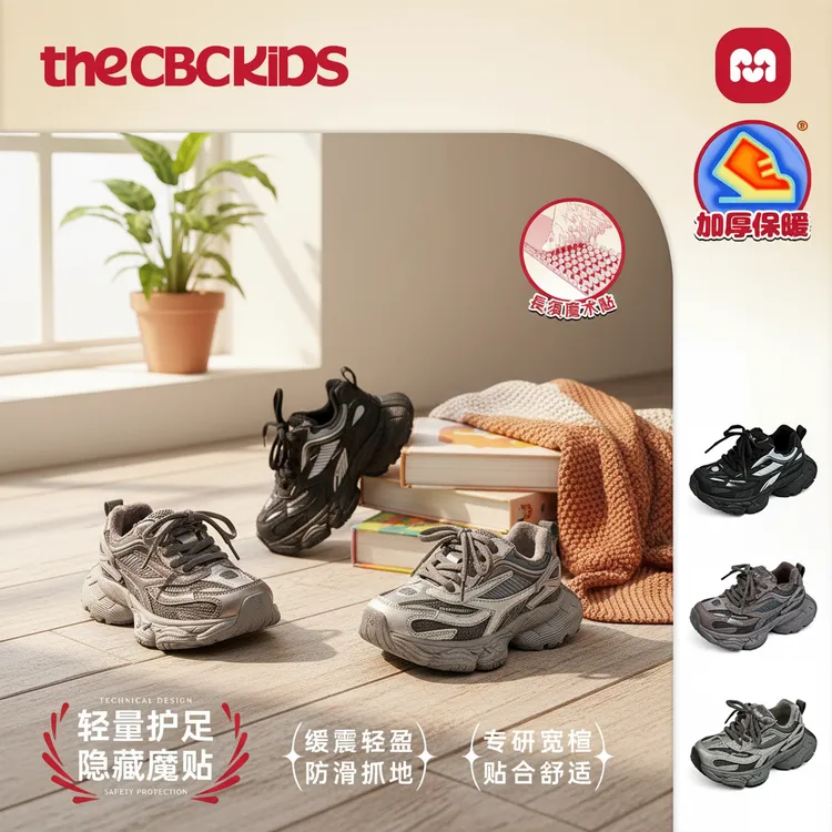 〖复古巴黎〗男女童秋冬老爹鞋魔术贴缓震轻量运动鞋保暖 舒适透气