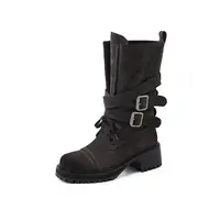 多肉手工牛翻皮马丁靴圆头皮带扣系带中跟中筒靴女靴2509AL63921
