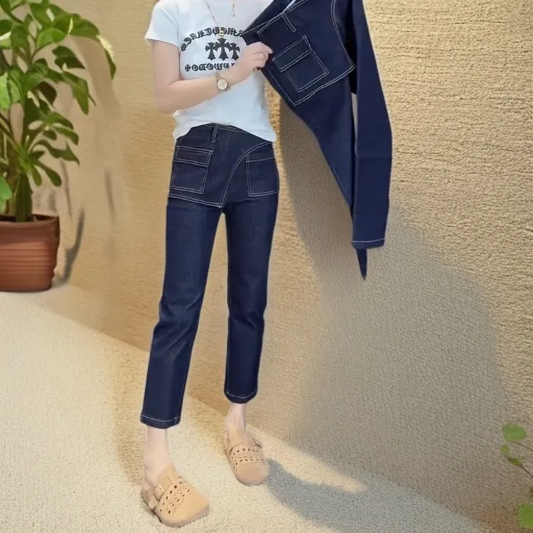 大码高腰弹力深蓝色直筒牛仔裤女2025秋季新款显瘦洋气九分烟管裤
