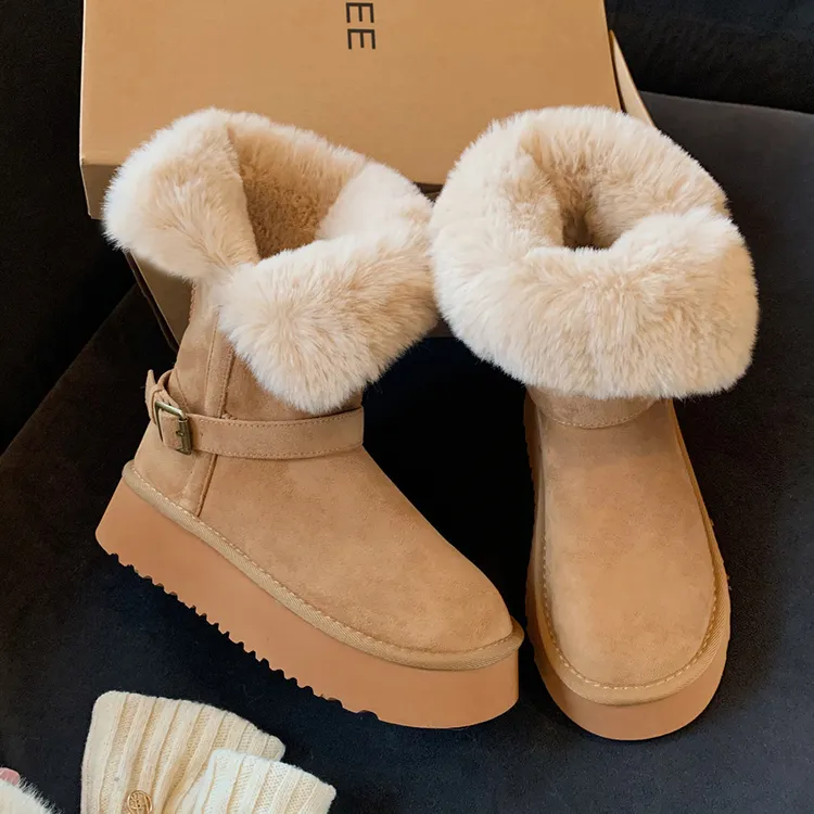 扣带厚底灰色翻边雪地靴女2025冬季新款中长筒加绒加厚保暖靴棉鞋