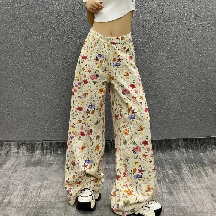 2025春秋新款欧货洋气彩色印花水洗牛仔裤女宽松垂感直筒阔腿裤子