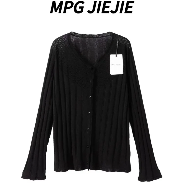 MPG JIEJIE【含情脉脉】25秋冬桑蚕丝绵羊毛蕾丝气质开衫黑色上衣