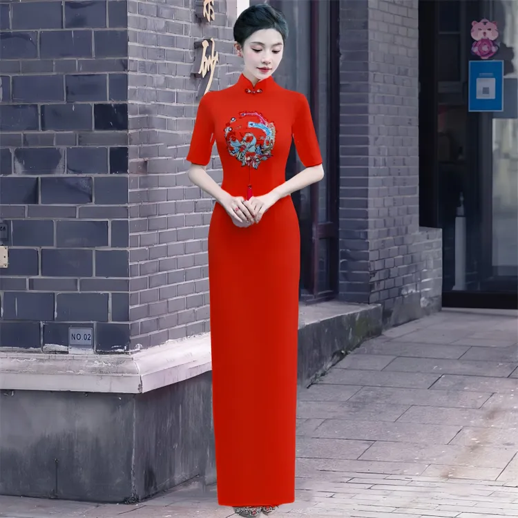 高弹2025走秀旗袍大码长旗袍中国风旗袍中式红色复古显瘦舞台旗袍