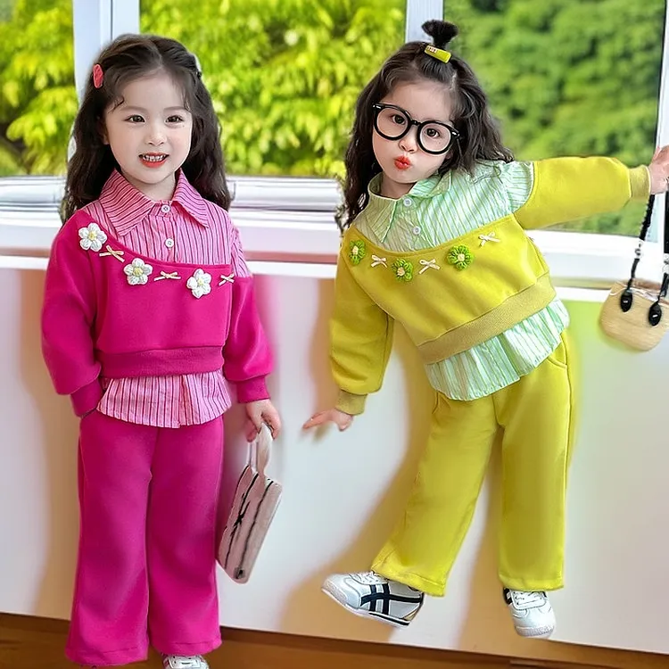 女童春装套装2025新款春季儿童洋气花朵假两件上衣女宝宝两件套