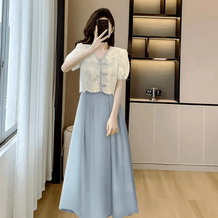 新中式国风盘扣刺绣大码胖MM夏装收腰显瘦气质复古仙气仙女裙