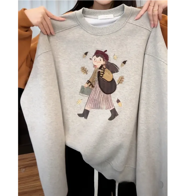 设计感卡通图案加绒卫衣女秋冬2024年新款ins风休闲圆领长袖上衣