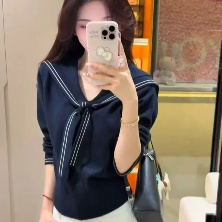韩系学院风海军领2025秋冬针织衫短款减龄毛衣百搭上衣女 H806