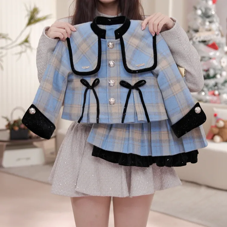 【海盐】女童秋冬长袖小香风裙子加绒加厚英伦女孩呢子套装DS20014