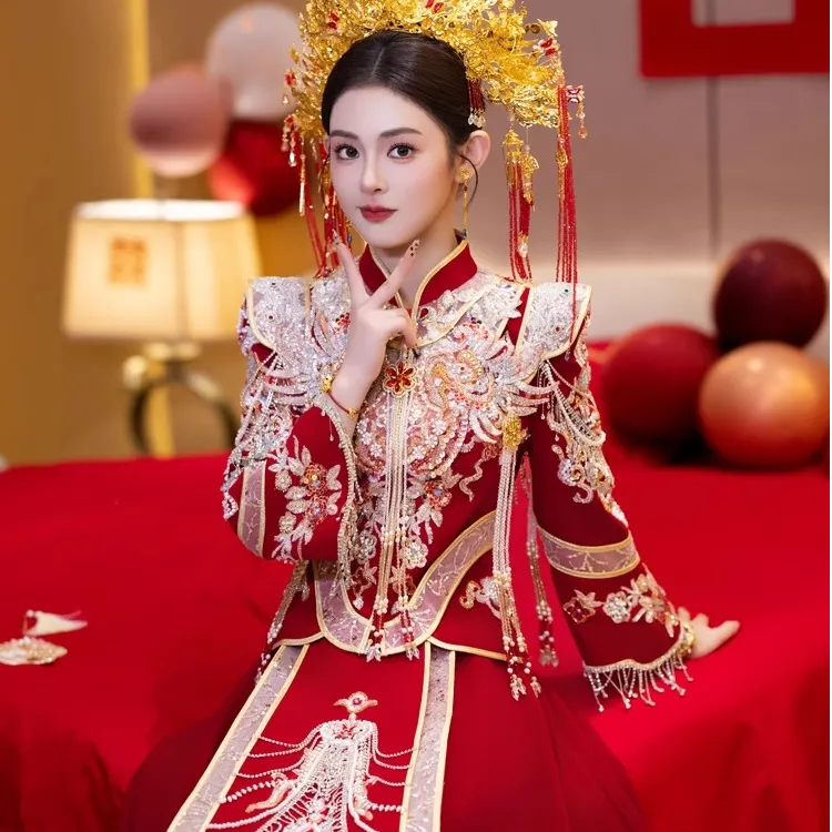 秀禾服新娘结婚中式嫁衣敬酒服重工丝绒出阁服显瘦秋冬服装2025女