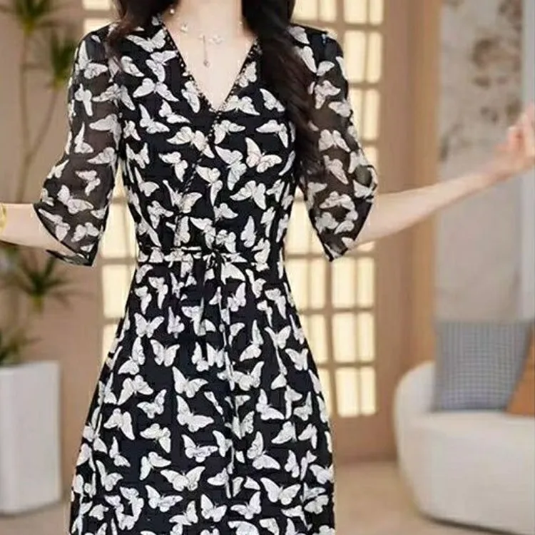 高端黑色碎花连衣裙2025夏季新款收腰遮肚复古气质显瘦a字裙3932#