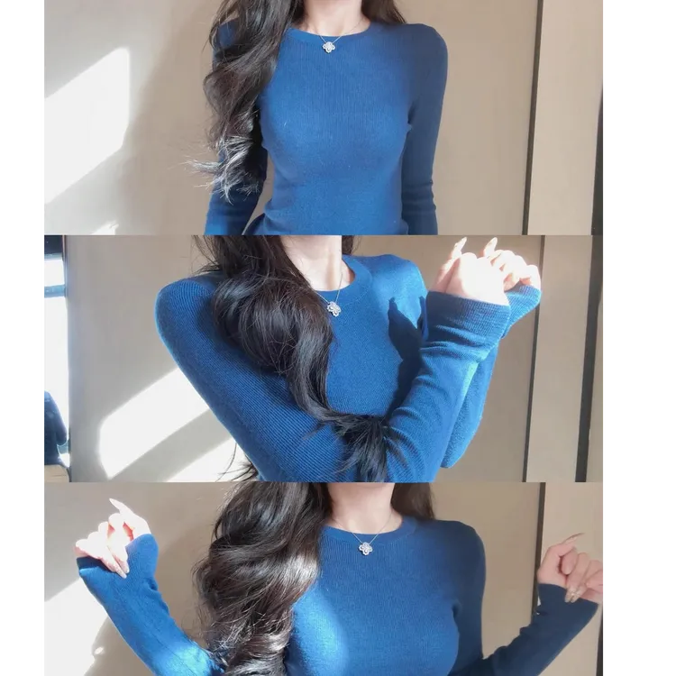 韩系漂亮蓝色长袖针织打底衫女秋冬内搭小个子独特超好看毛衣上衣