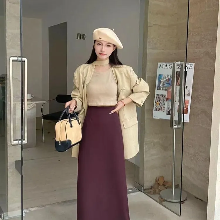 秋冬新款安可拉红秋冬裙子半身裙显瘦气质高腰开叉中长款加绒加厚