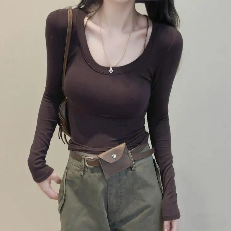女装秋款爆款2025新款U领长袖打底衫女纯欲辣妹收腰百搭纯色上衣