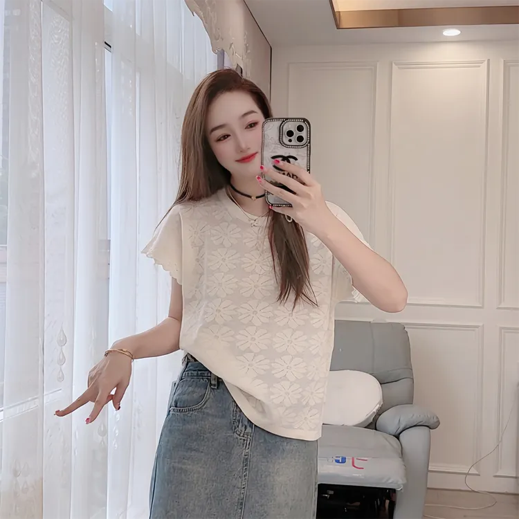 5107现货夏季薄款针织衫套头短袖袖口蕾丝宽松女装显瘦百搭上衣
