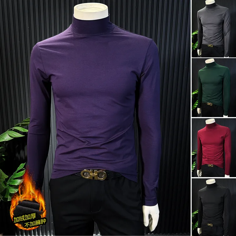 莫代尔长袖打底衫男款秋冬季加绒加厚保暖半高领男士内搭含棉T恤