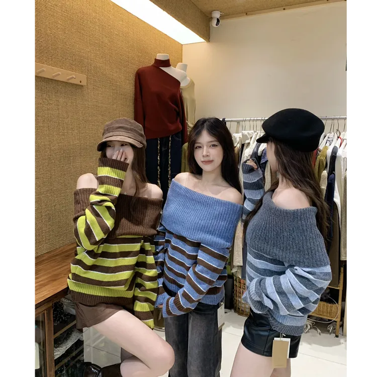 韩系设计感露肩慵懒风条纹撞色一字领毛衣女显瘦休闲上衣G9-34