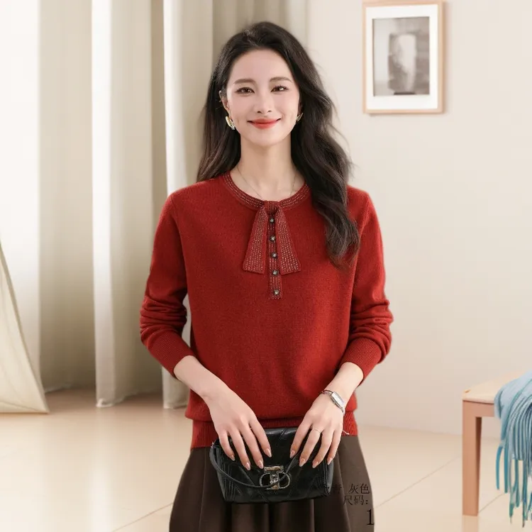 【加厚纯羊毛】秋冬蝴蝶结（8821）圆领宽松妈妈装大码针织洋气长袖